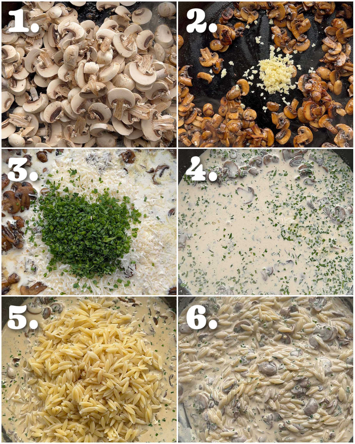 6 step by step photos showing how to make creamy garlic mushroom orzo