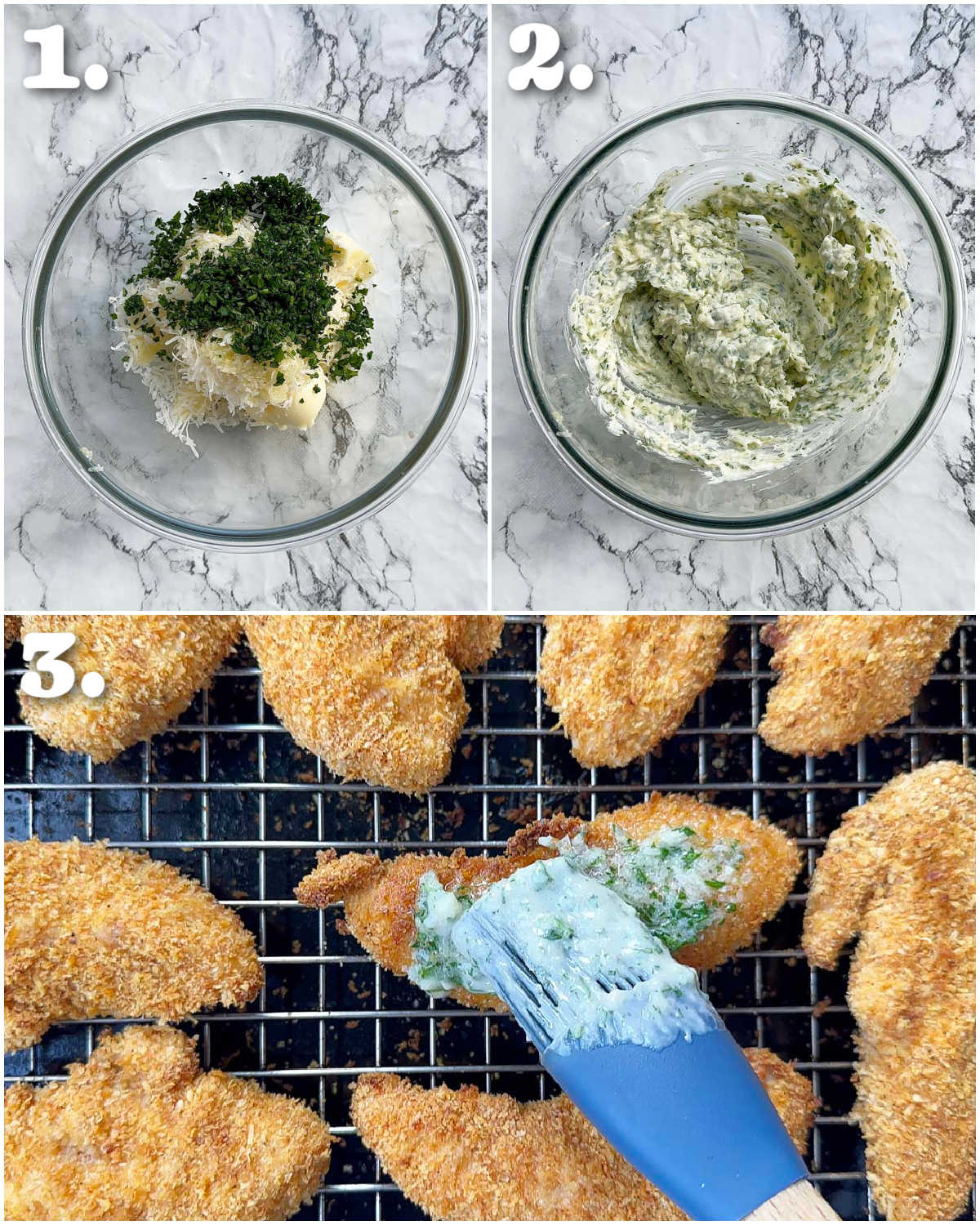 3 step by step photos showing how to make garlic parmesan chicken tenders