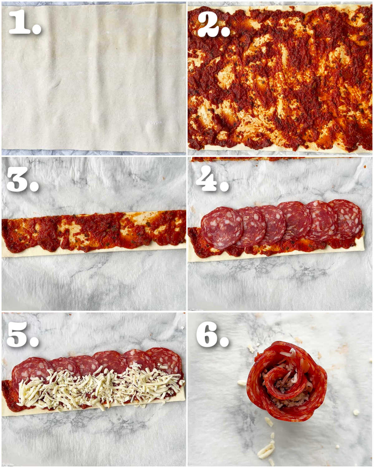 6 step by step photos showing how to make pizza roses