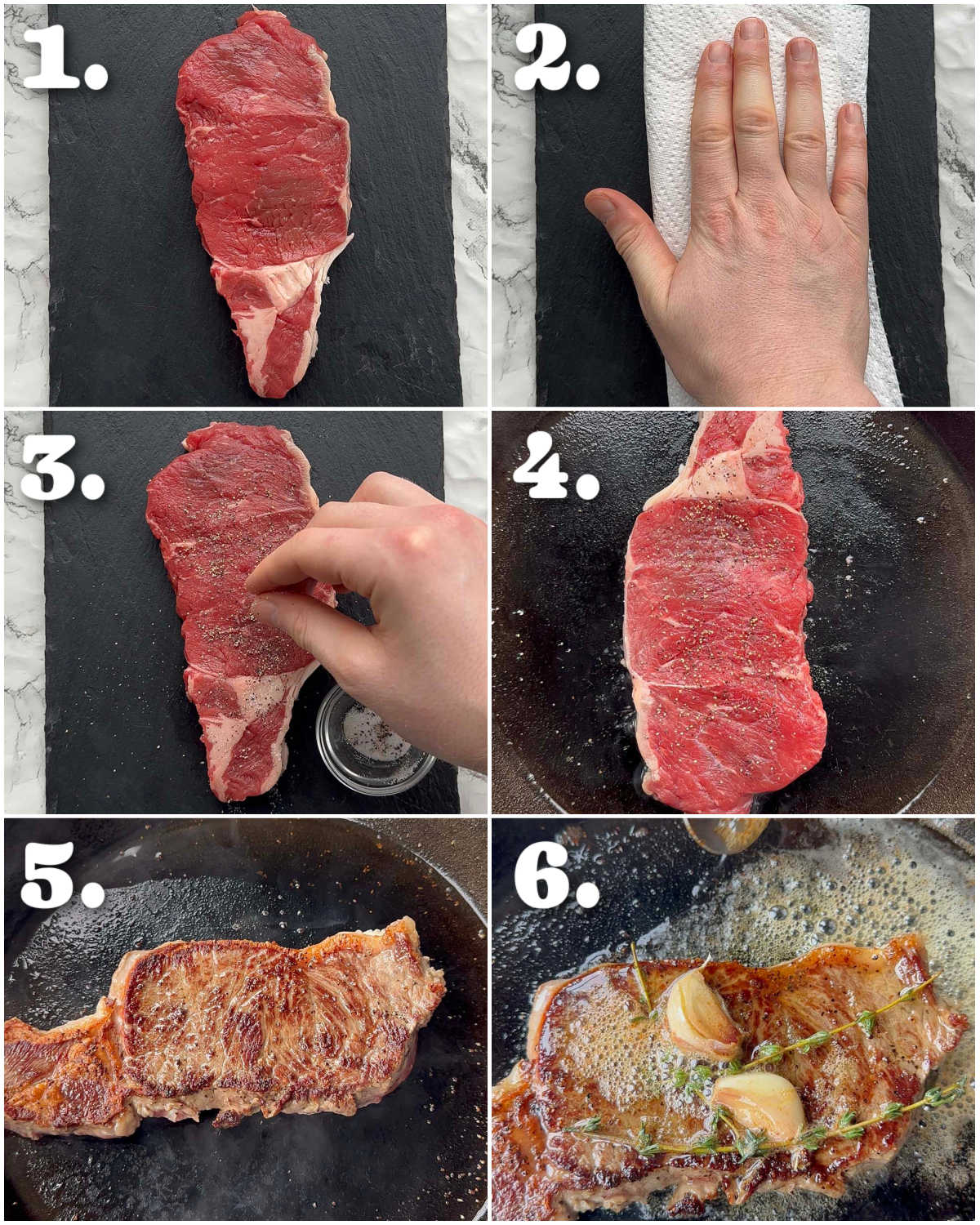 6 step by step photos showing how to prepare steak