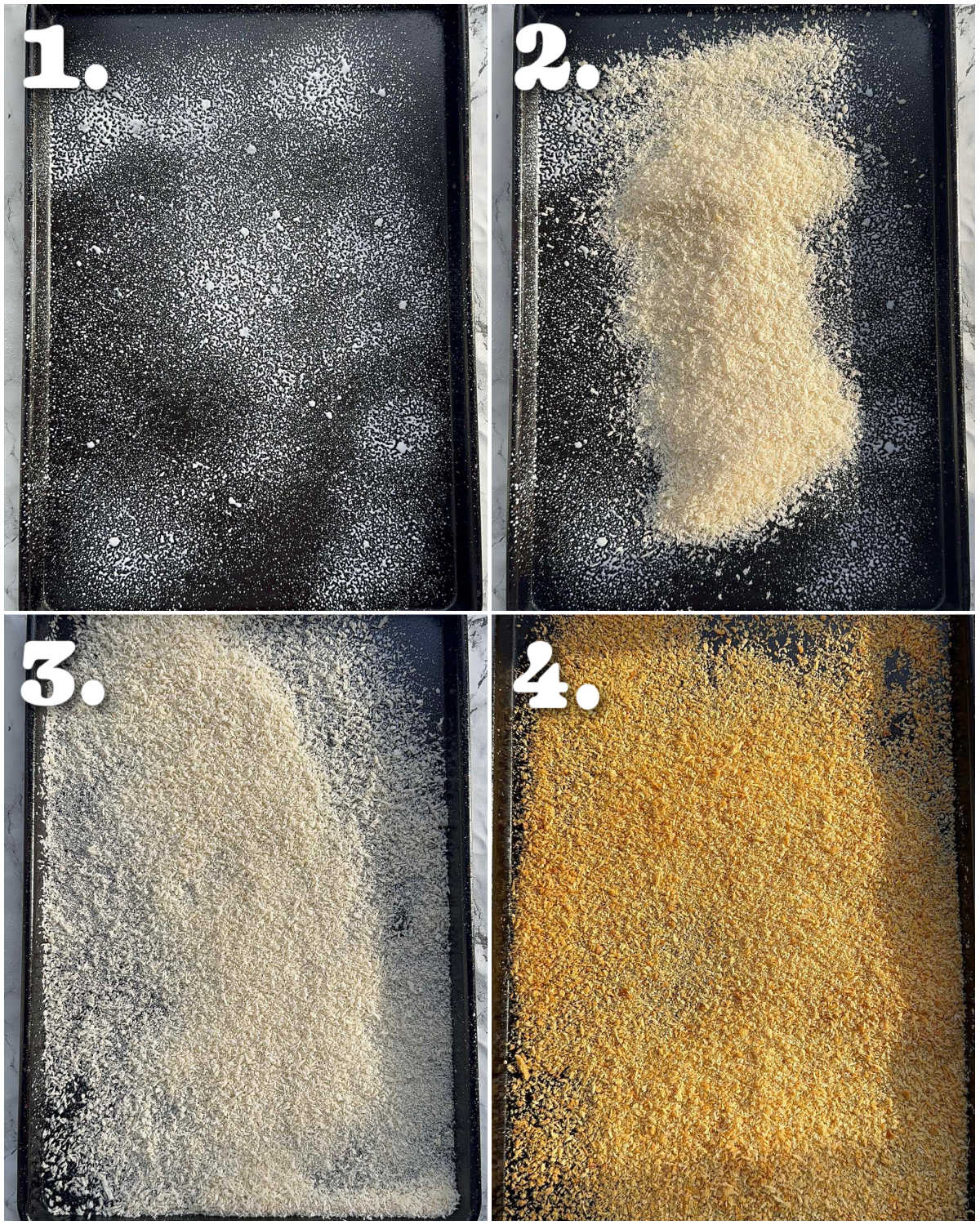 4 step by step photos showing how to toast panko breadcrumbs