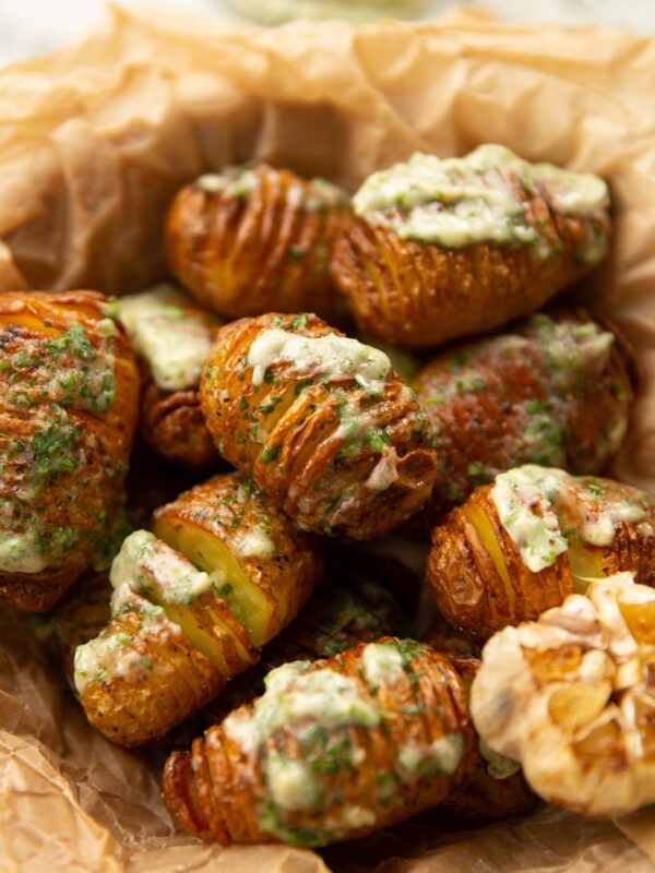 garlic butter potatoes in small basket