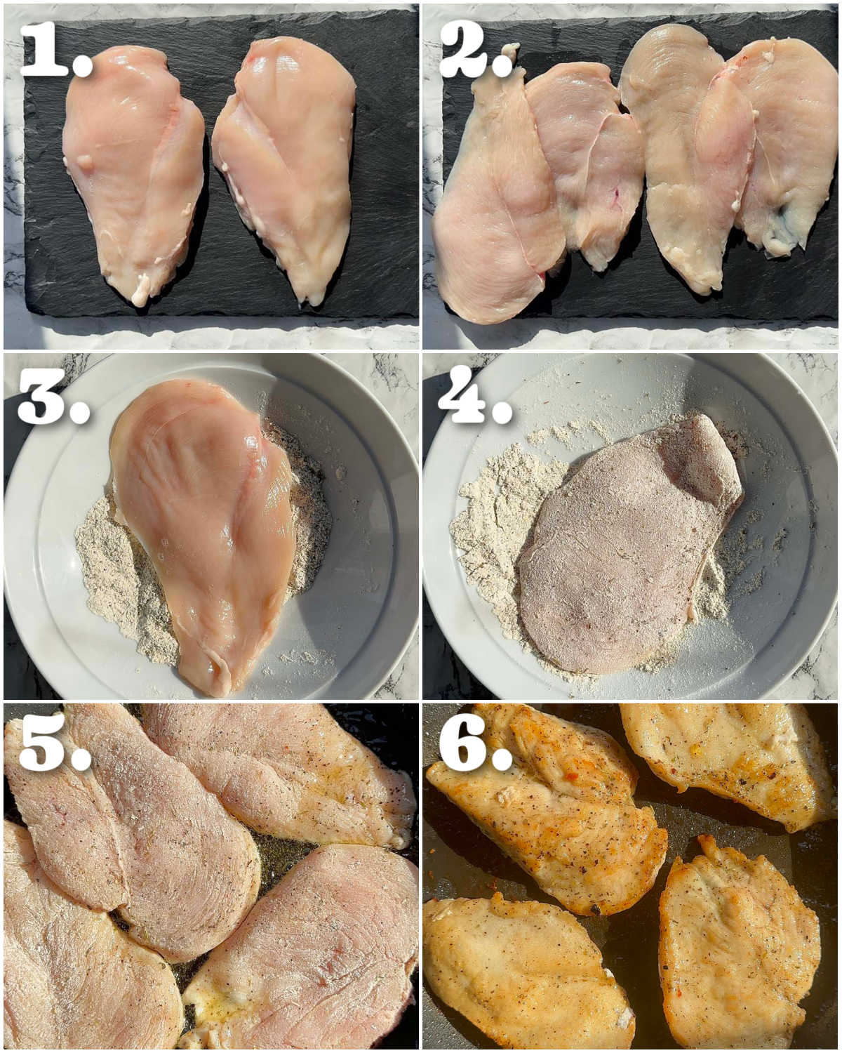 6 step by step photos showing how to fry chicken breasts