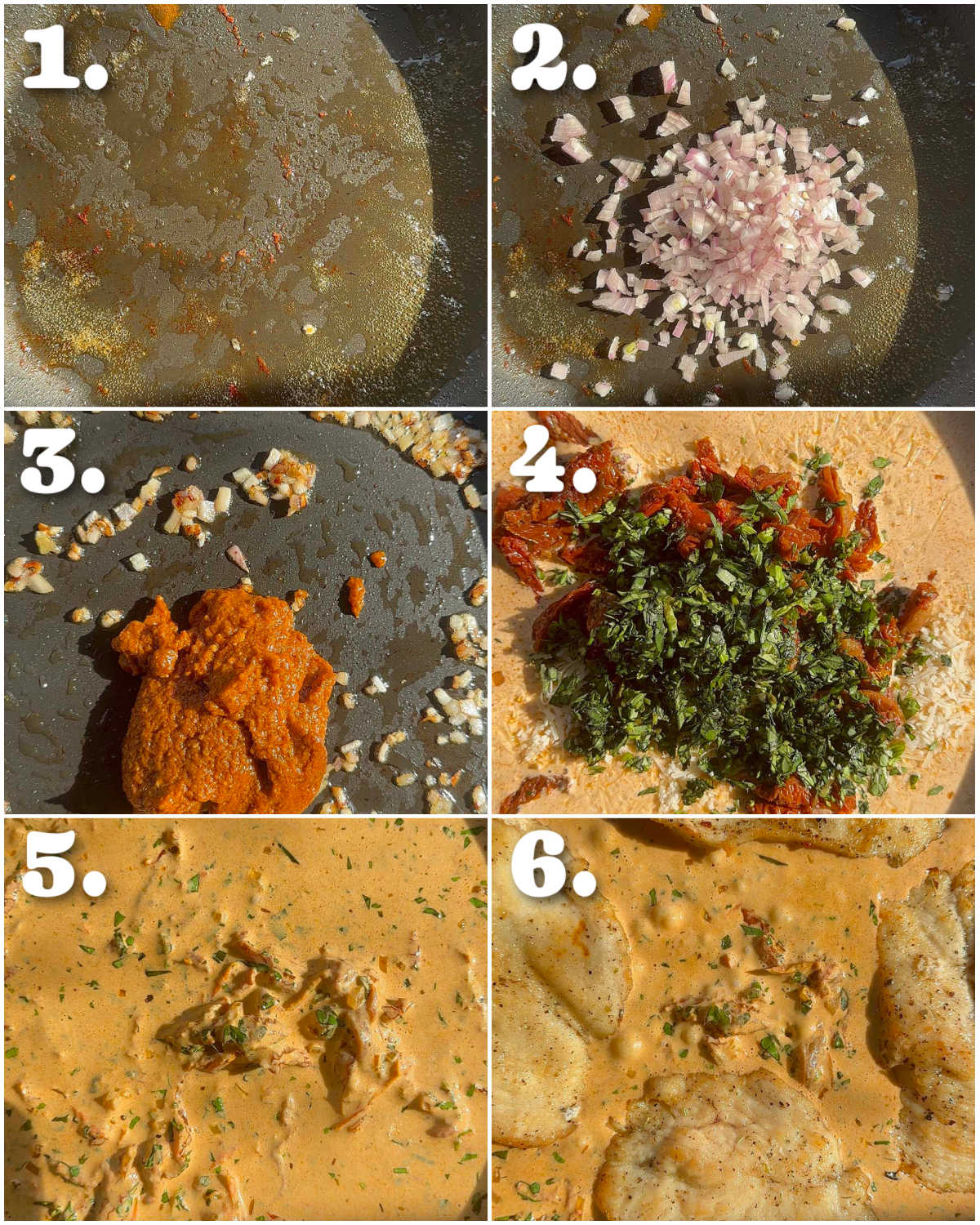 6 step by step photos showing how to make creamy sun dried tomato chicken