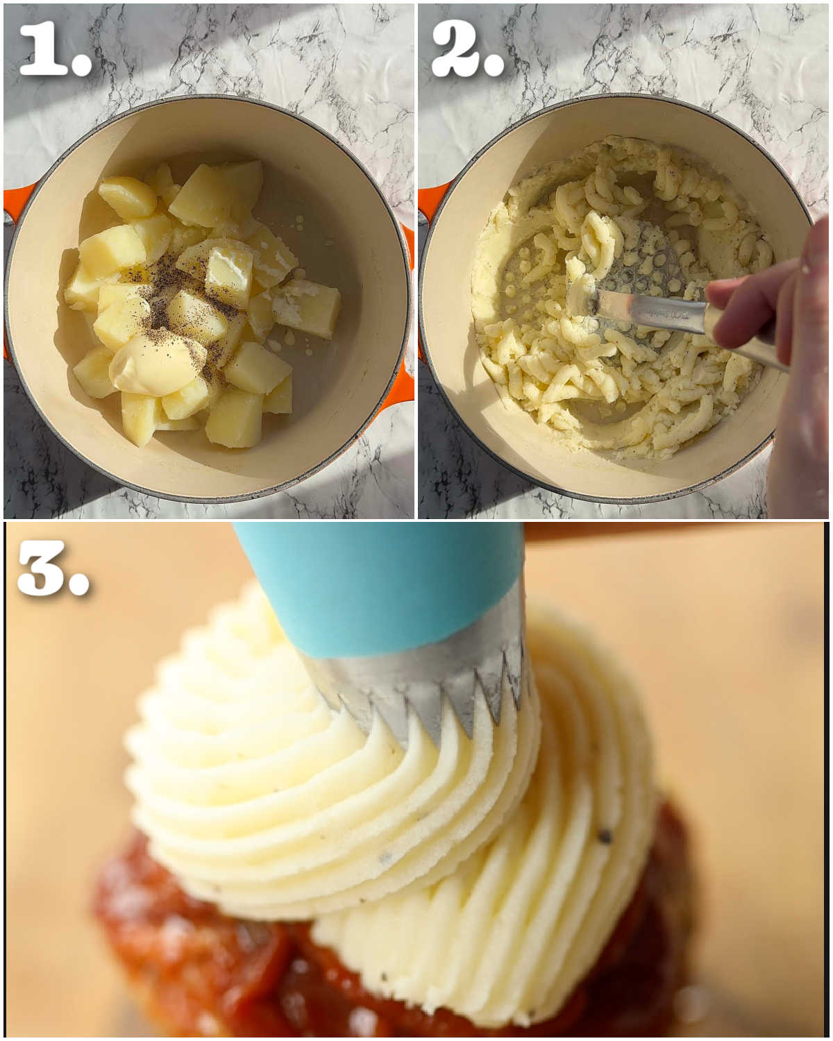 3 step by step photos showing how to make meatloaf cupcakes