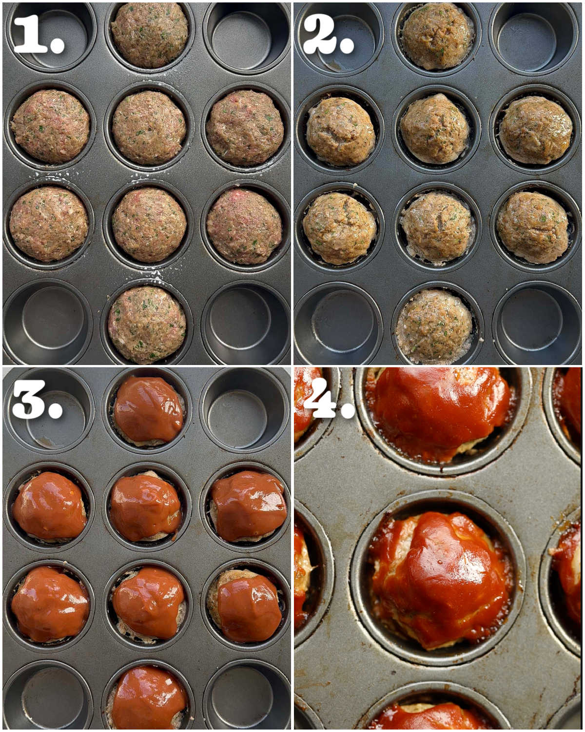 4 step by step photos showing how to make mini meatloaf